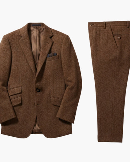 Brown tweed blazer and matching trousers displayed flat