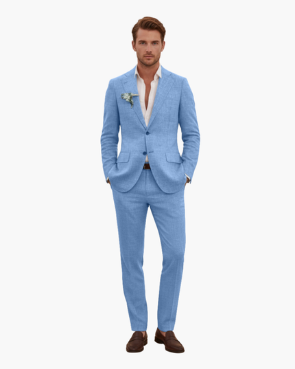 Light blue linen suit front view with notched lapel and tailored fit
