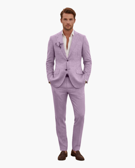Full-length lavender linen two-piece suit with notched lapels on model