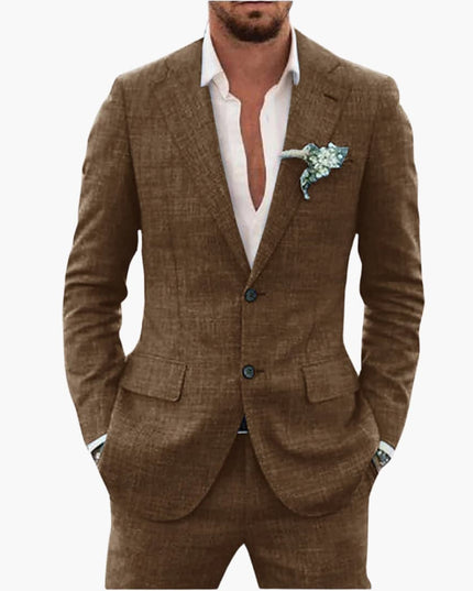 Taupe linen notched lapel suit jacket with white shirt and floral pin