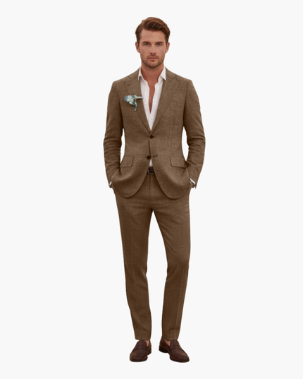 Full-length taupe linen two-piece suit with notched lapels on model