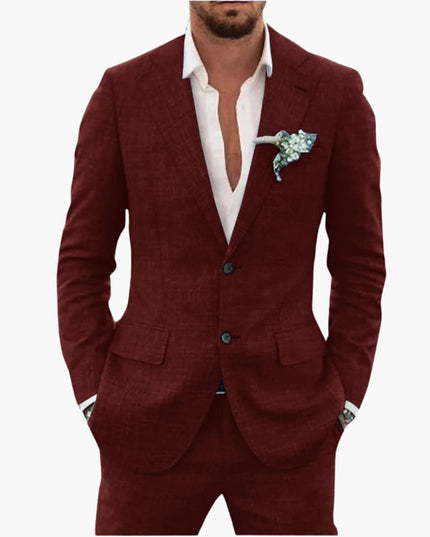 Burgundy linen notched lapel suit jacket with white shirt and boutonniere