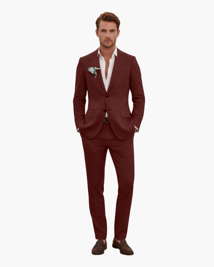 Full-length burgundy linen two-piece suit with notched lapels on model