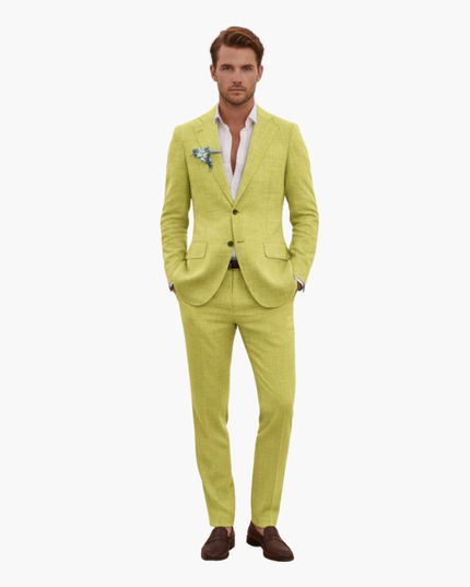 Full-length yellow linen two-piece suit with notched lapels on model