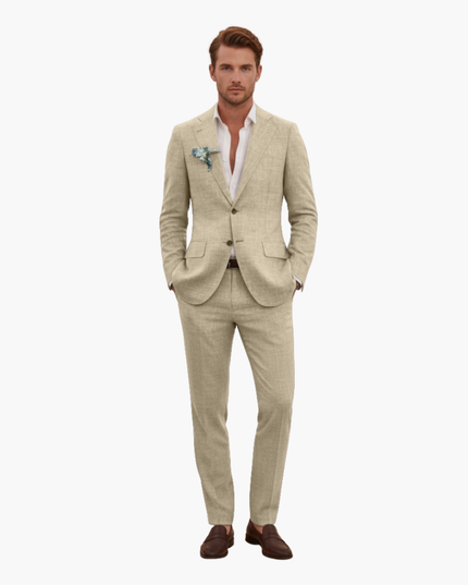 Full-length cream linen two-piece suit with notched lapels on model
