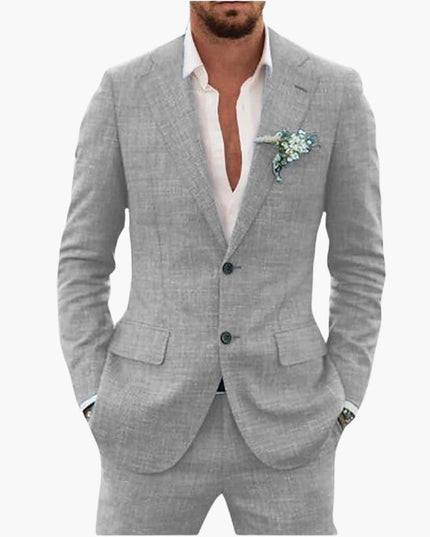 Light gray linen two-piece suit with notched lapels and white dress shirt
