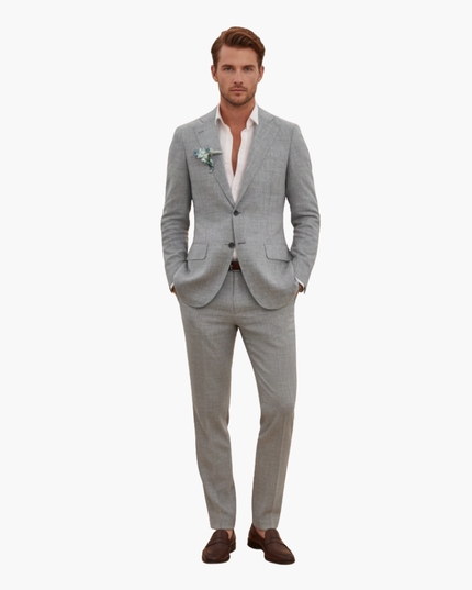 Full-length view of gray linen formal suit with matching jacket and trousers