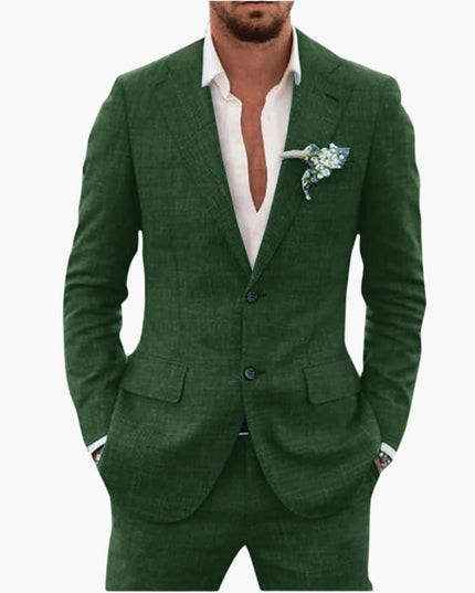 Forest green linen two-piece suit with notched lapels and white shirt detail