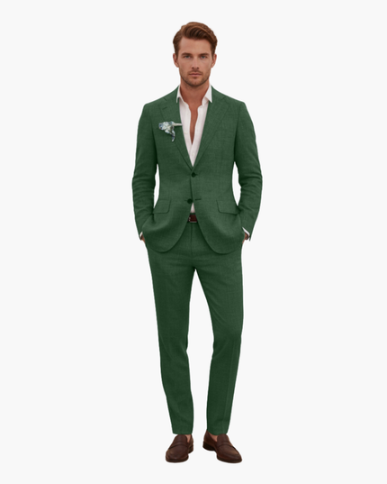 Full-length view of green linen formal suit with matching jacket and trousers