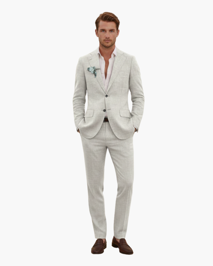 Light gray linen formal suit front view with notched lapel and pocket details