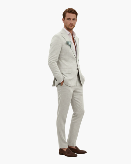 Cream linen two-piece suit side profile showing jacket and trousers fit