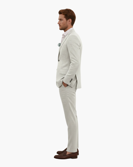 Beige formal linen suit side view with notched lapel and tailored silhouette