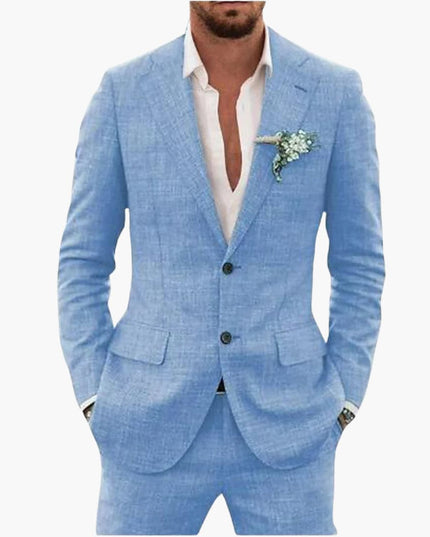 Blue linen formal two-piece suit with notched lapel and two-button closure