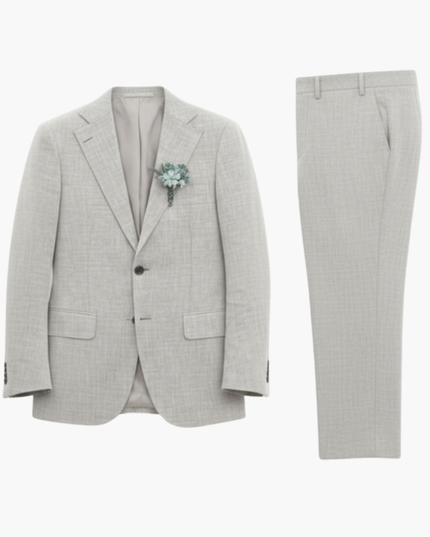 Beige linen two-piece suit with notched lapel blazer and flat-front trousers