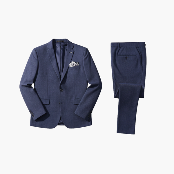 Navy formal suit with notched lapel single button blazer and flat front slacks