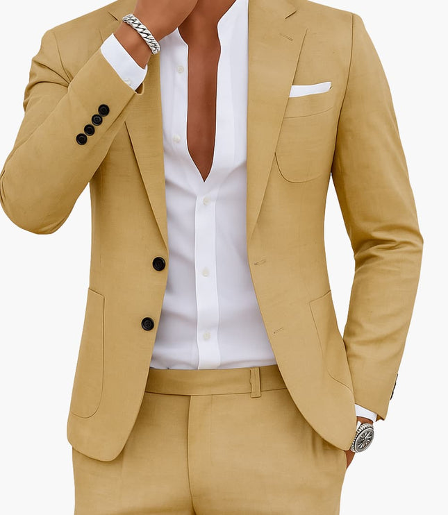Golden tan two-piece formal suit set with structured blazer for men