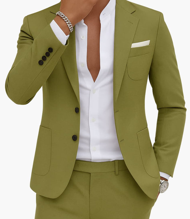 Olive green tailored two-piece suit with professional straight-leg pants