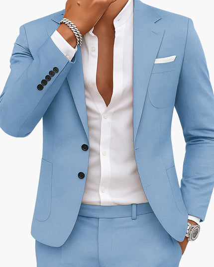 Sky blue notched lapel tailored suit with three-button blazer for men