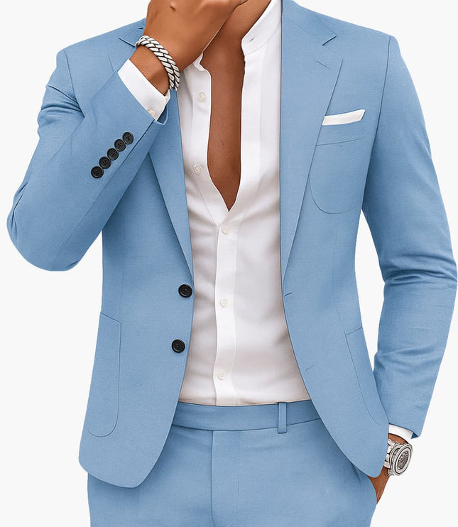 Sky blue notched lapel tailored suit with three-button blazer for men