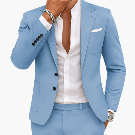 Sky blue notched lapel tailored suit with three-button blazer for men