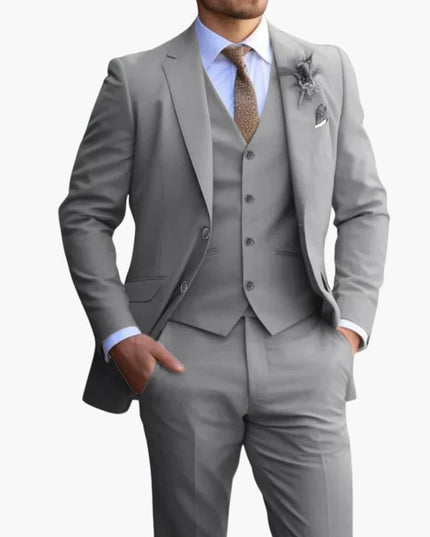Gray formal three piece suit with notched lapel blazer and coordinating vest man