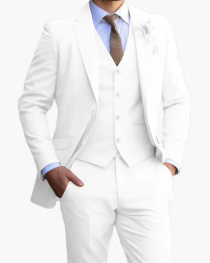 White formal three piece suit with notched lapel blazer and vest man