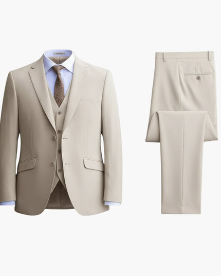 Cream three piece suit with notched lapel jacket, vest, and trousers displayed on mannequin