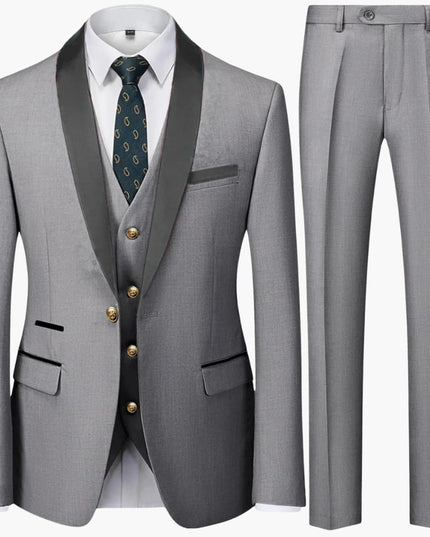 Light gray formal three-piece suit with dark gray shawl collar and gold buttons