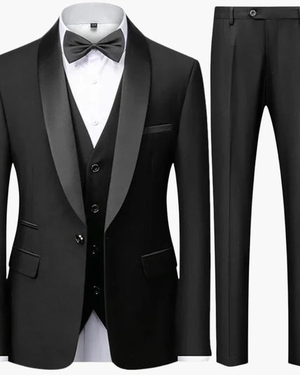 All-black formal three-piece suit with satin shawl collar and black bow tie