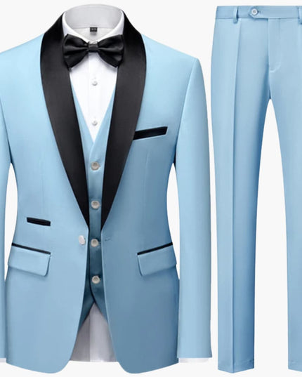 Light blue formal three-piece suit with black shawl collar and black bow tie