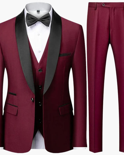 Burgundy formal three-piece suit with black shawl collar and black bow tie