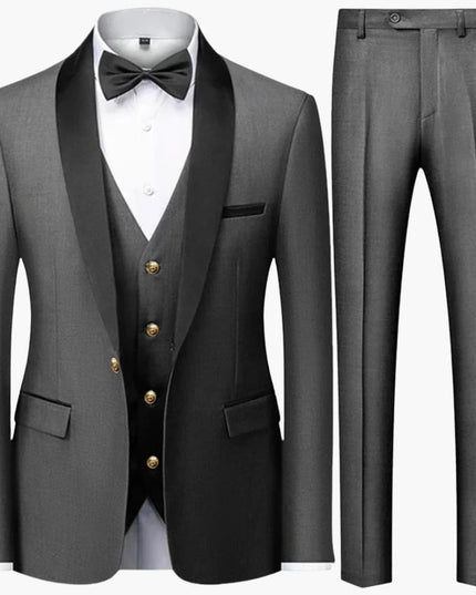 Charcoal gray formal three-piece suit with black shawl collar and gold buttons