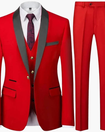 Bright red formal three-piece suit with black shawl collar and gold buttons