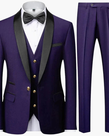 Deep purple formal three-piece suit with black shawl collar and gold buttons