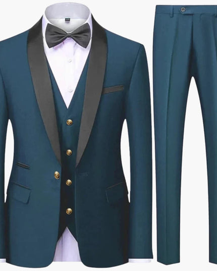 Teal formal three-piece suit with black shawl collar and gold buttons
