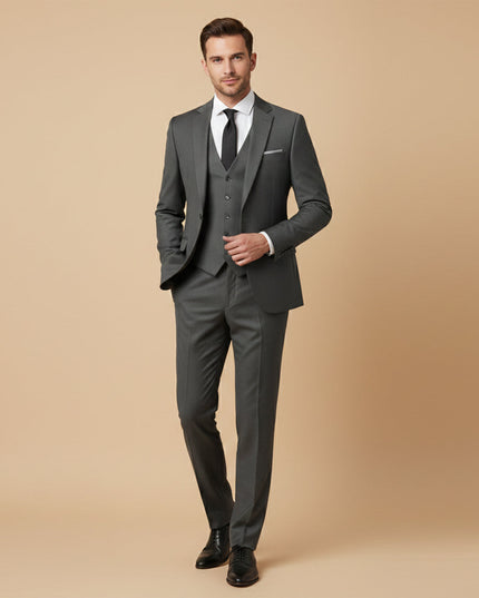 Charcoal gray formal suit styled with white shirt and black tie
