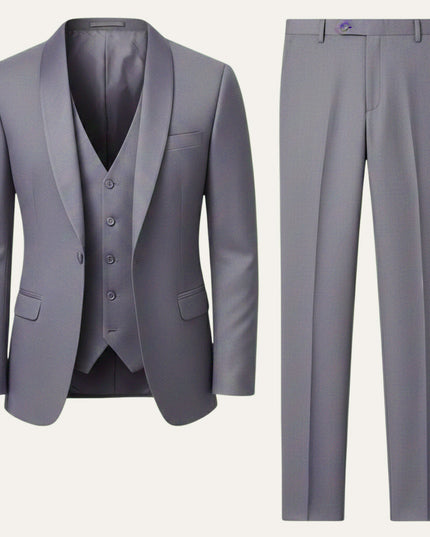 Gray formal 3 piece tuxedo suit with notch lapel blazer and matching vest