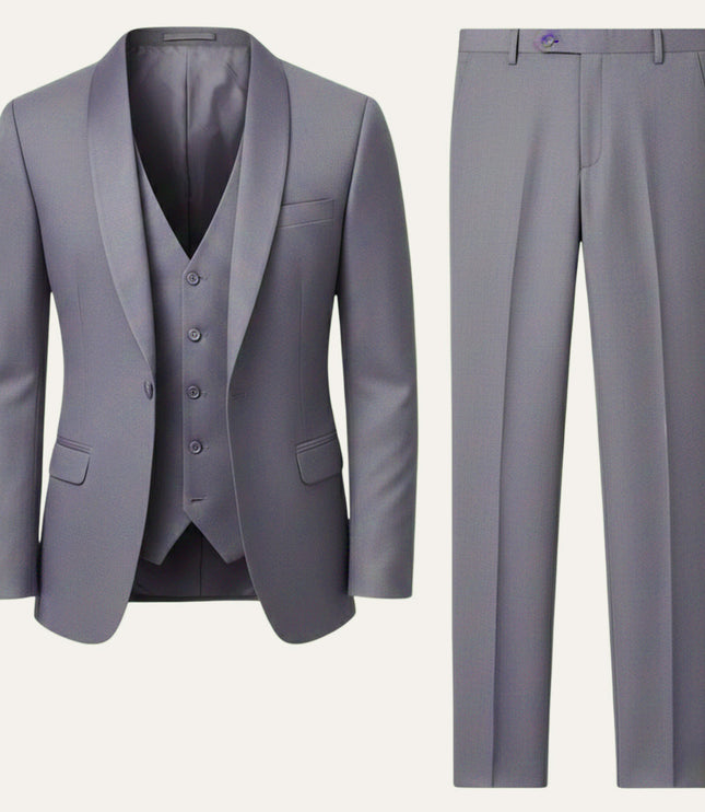 Gray formal 3 piece tuxedo suit with notch lapel blazer and matching vest