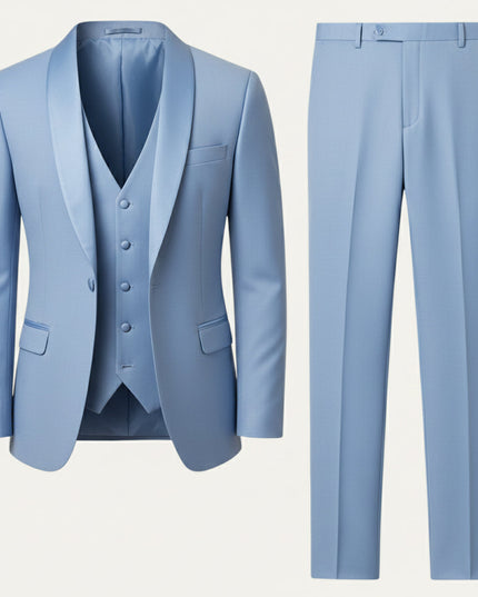 Light blue formal 3 piece tuxedo suit with shawl collar blazer and vest