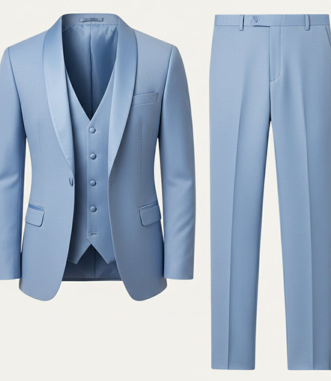 Light blue formal 3 piece tuxedo suit with shawl collar blazer and vest
