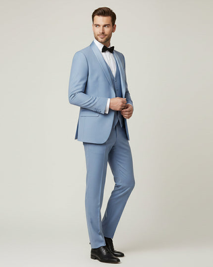 Light blue formal tuxedo suit with vest and bow tie for formal occasions