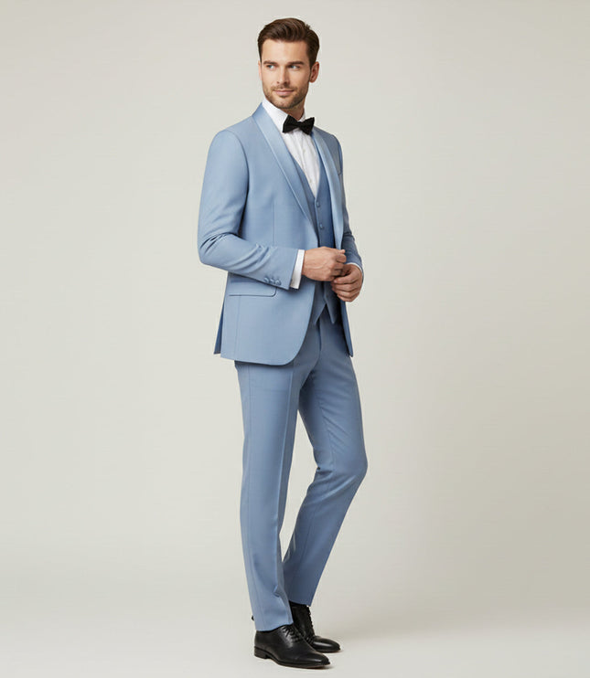 Light blue formal tuxedo suit with vest and bow tie for formal occasions