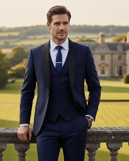 Navy formal 3 piece tuxedo suit with vest and notch lapel jacket