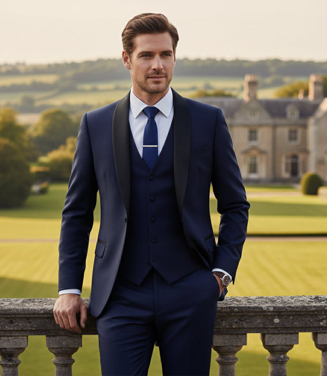Navy formal 3 piece tuxedo suit with vest and notch lapel jacket