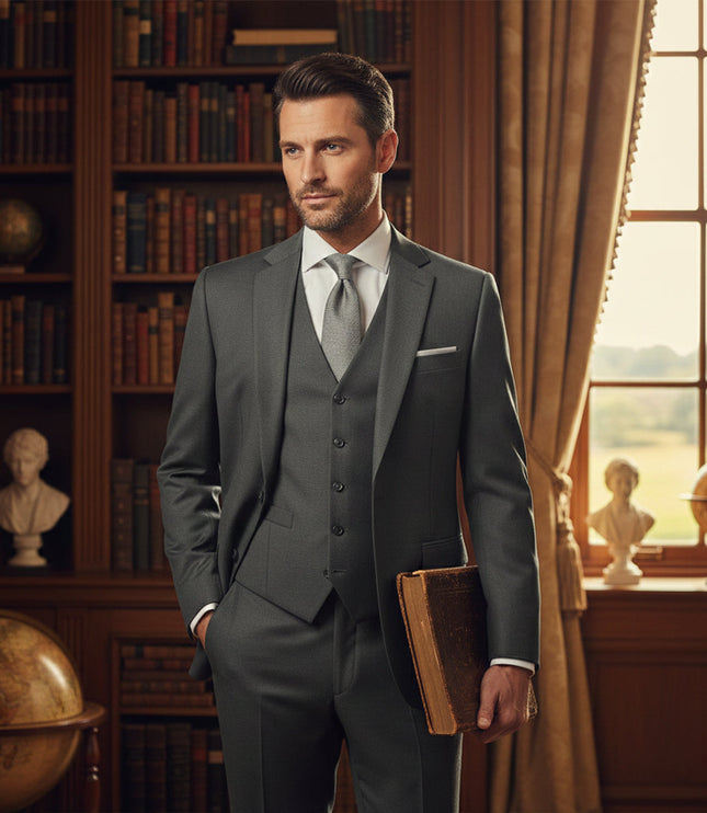 Charcoal gray formal 3 piece tuxedo suit with vest and tailored blazer