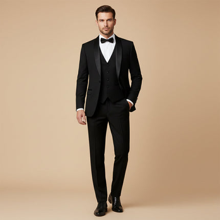 Black tuxedo suit worn with white dress shirt and black bow tie