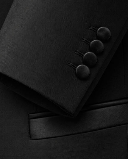Detail of black tuxedo jacket buttons and satin trim