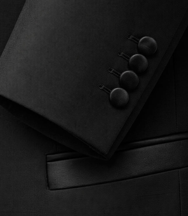 Detail of black tuxedo jacket buttons and satin trim