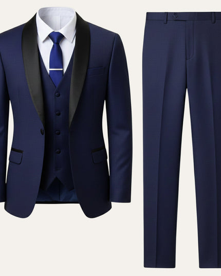 Navy blue formal 3 piece tuxedo suit with black lapel and vest