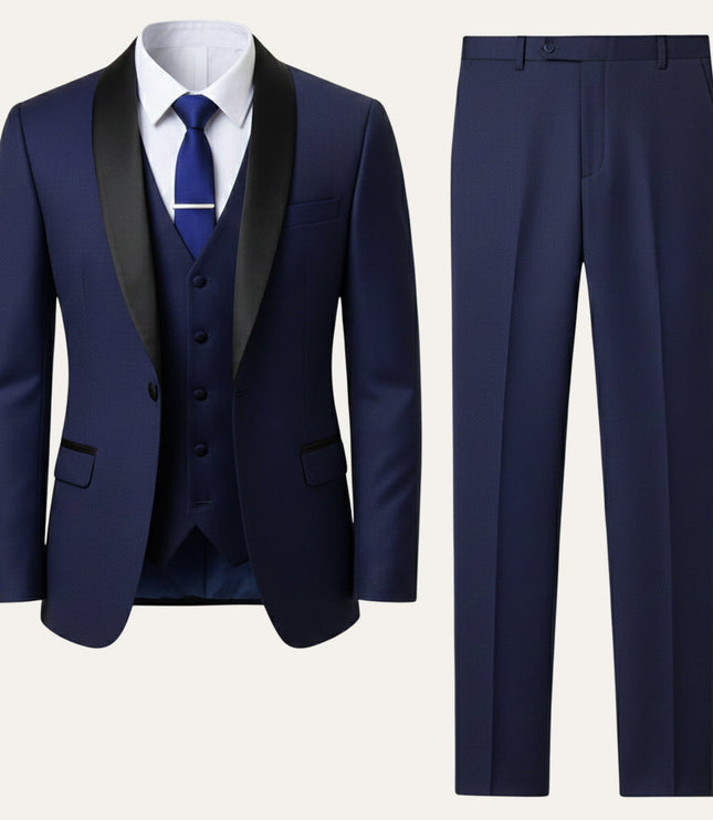 Navy blue formal 3 piece tuxedo suit with black lapel and vest